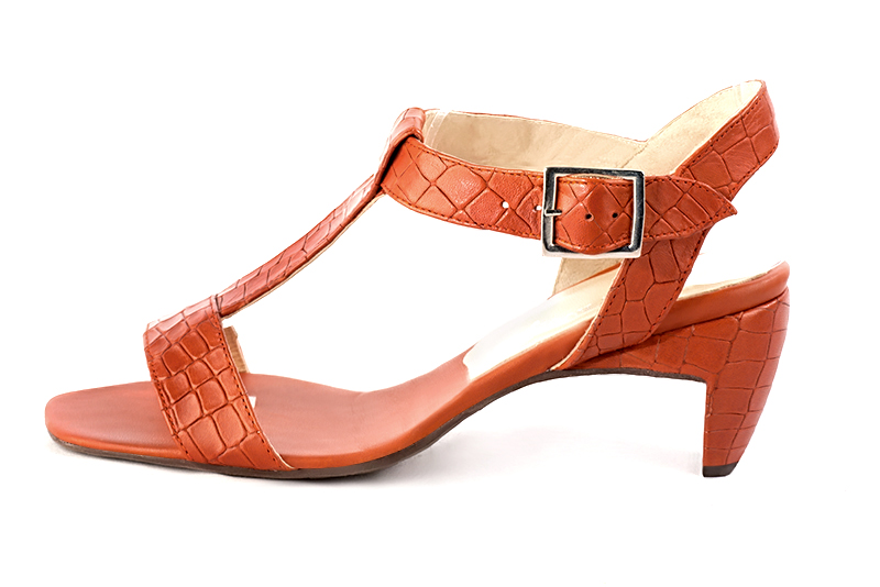 Terracotta orange women's fully open sandals, with an instep strap. Square toe. Medium comma heels. Profile view - Florence KOOIJMAN
